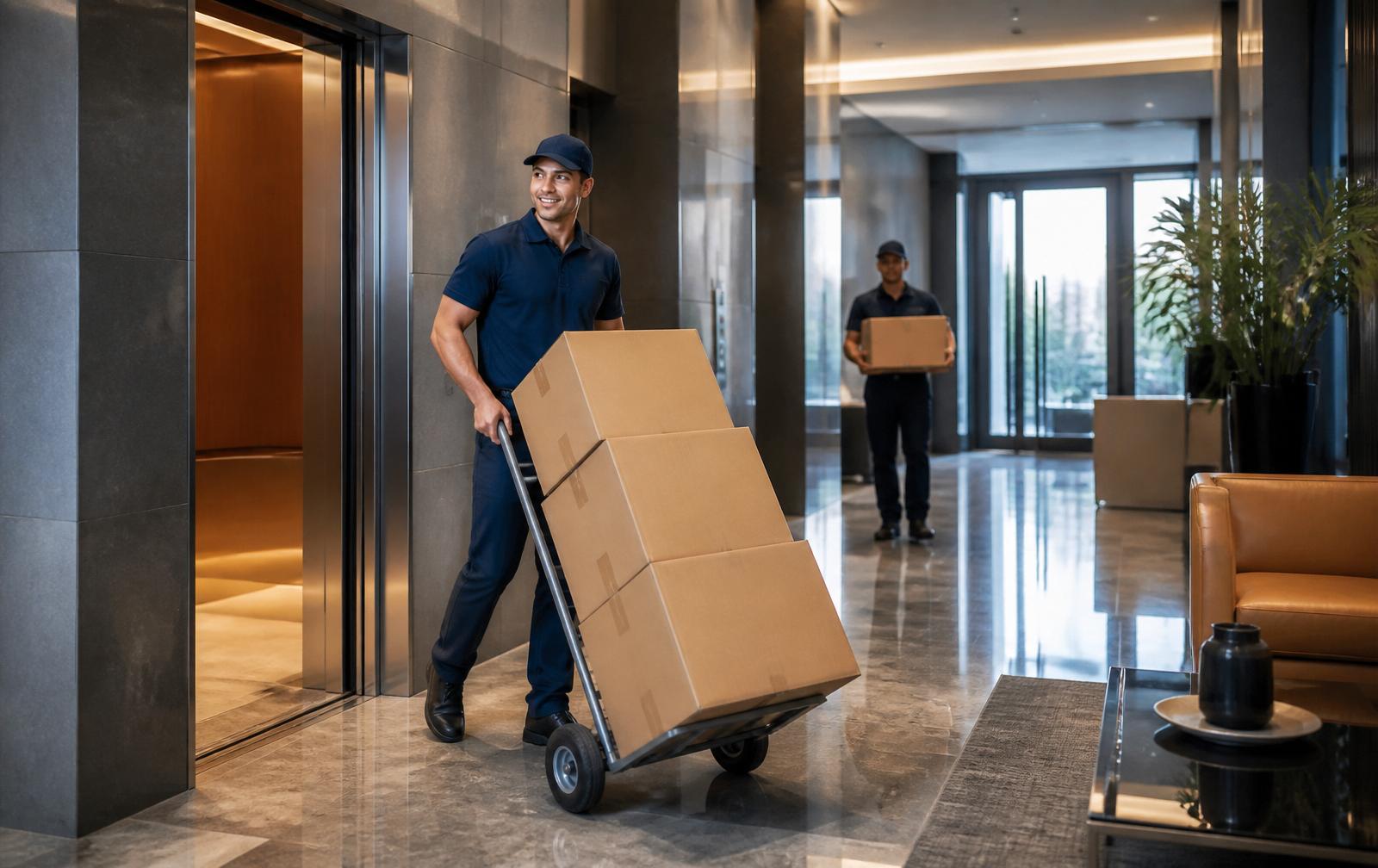Movers using a service elevator during a Charlotte apartment move