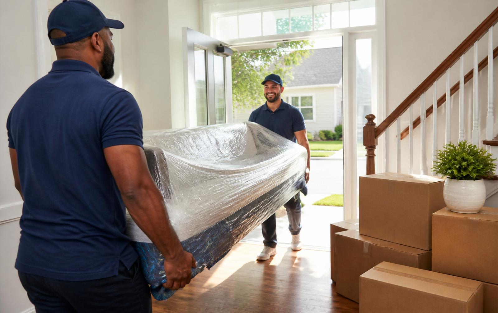 Movers carefully wrapping furniture inside a Charlotte home before loading