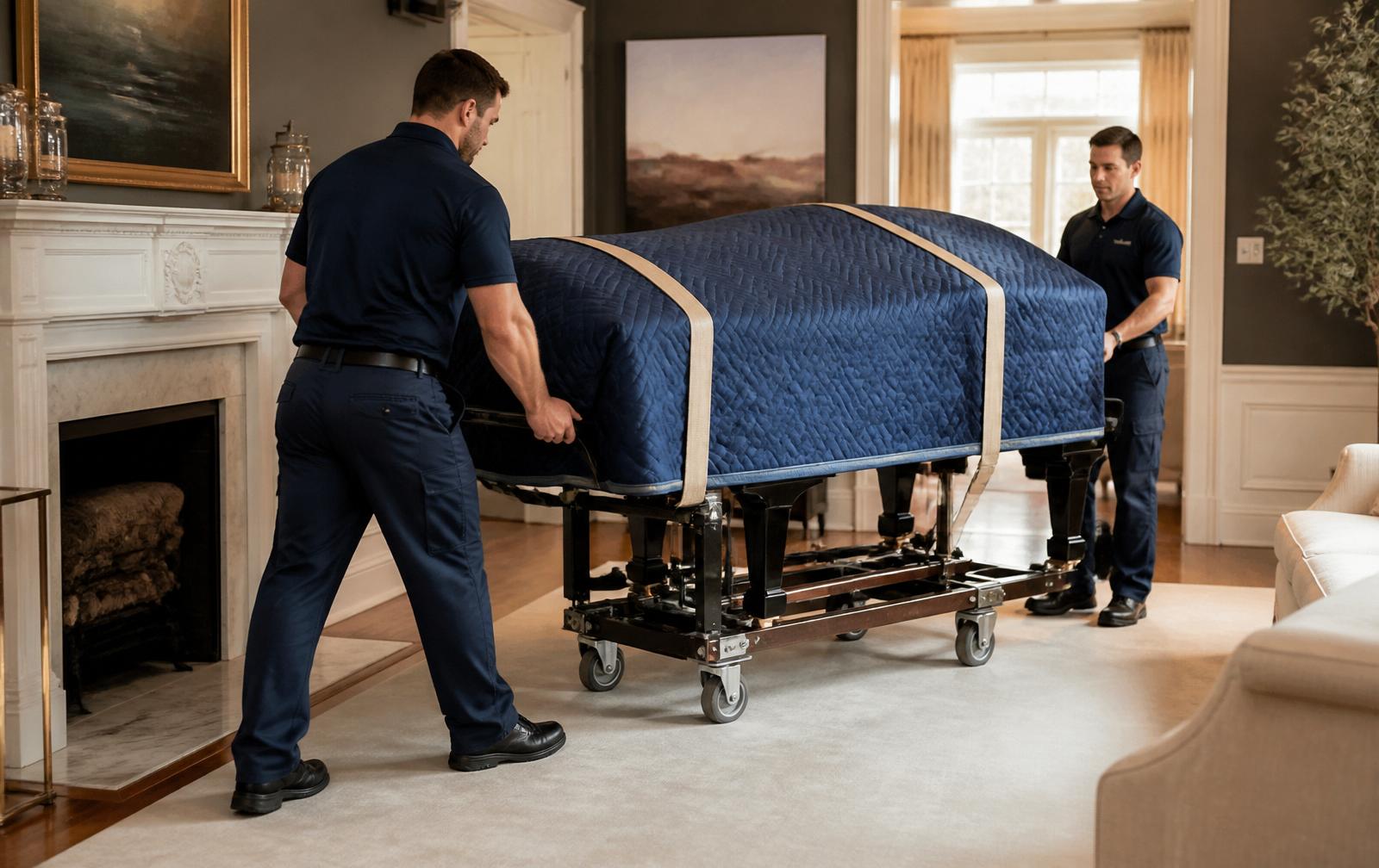 Specialty movers securing a grand piano on a piano board before transport